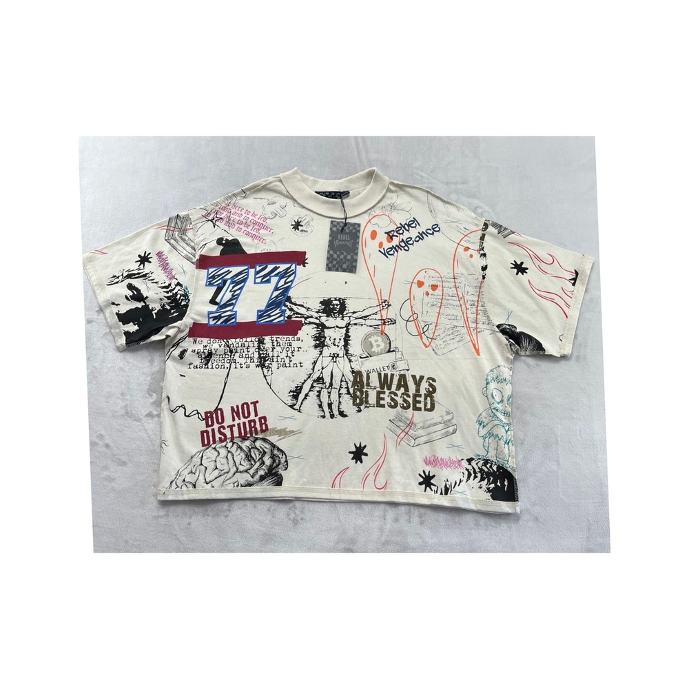 Rebel Vengeance Boxy Tee-Shirt Men Medium Cream Graphics Streetwear Aesthetic